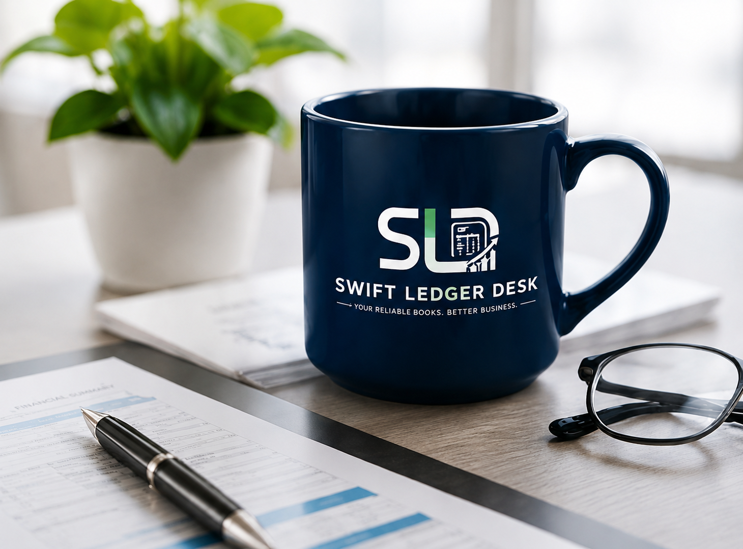Home Swift Ledger Desk desk and mug